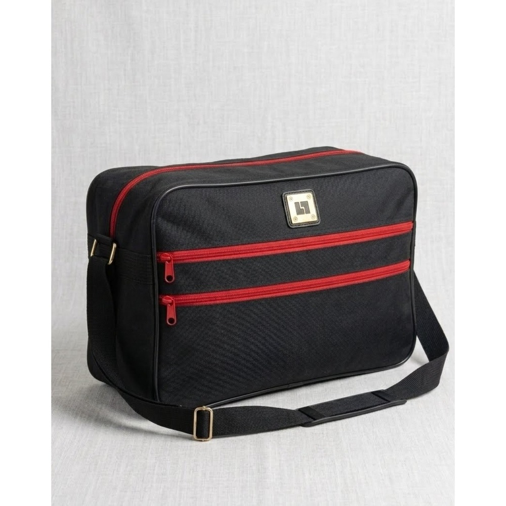 Black Solid Messenger Bag w/ Adjustable Shoulder Strap Red Zipper Brass Hardware